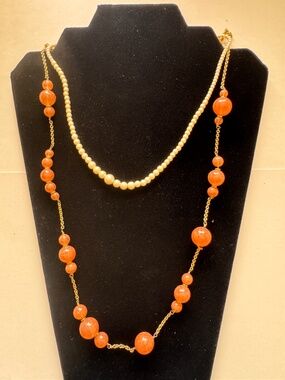 Layered Necklace Set 2pcs Orange Beaded Faux Pearl Gold Tone Chain Fashion